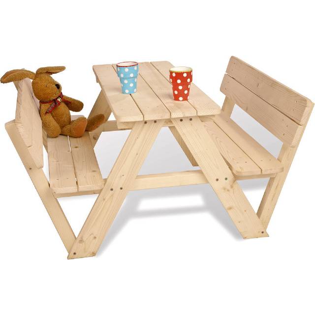 PINOLINO Barnstolsgrupp 'Nicki för 4 med ryggstöd', massivt trä, 2 bänkar, 1 bord, ergonomisk, naturlig, idealisk för barn 2-7 år, trädgård & terrass