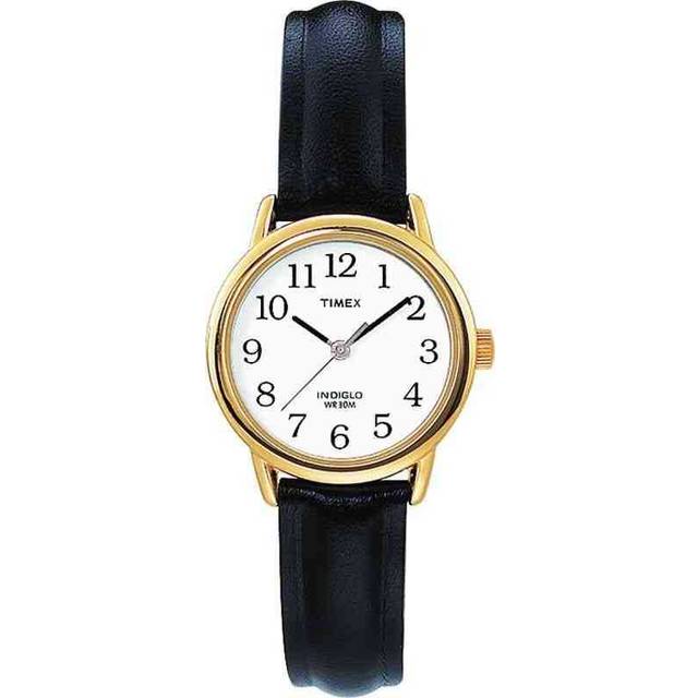 Timex Ladies Gold Bezel Black Leather Strap Watch