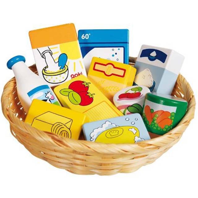 Goki Wooden Groceries And Household Goods In A Basket - 10 Pieces, Multi