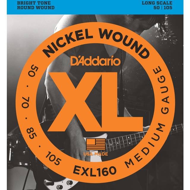 D'Addario 50 to 105 Medium Long Scale XL Nickel Bass Guitars 4-String Set with Hex Core