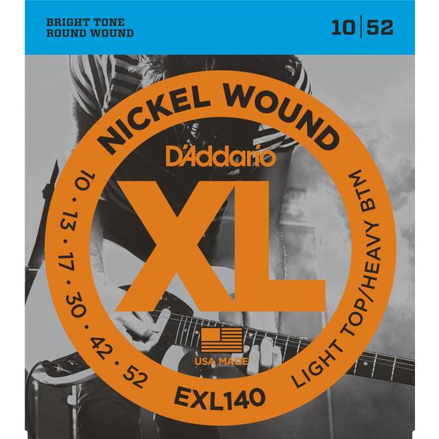 D'Addario 10 to 52 Light Top and Heavy Bottom XL Nickel Electric Guitar 6-String Set for Bright Tone