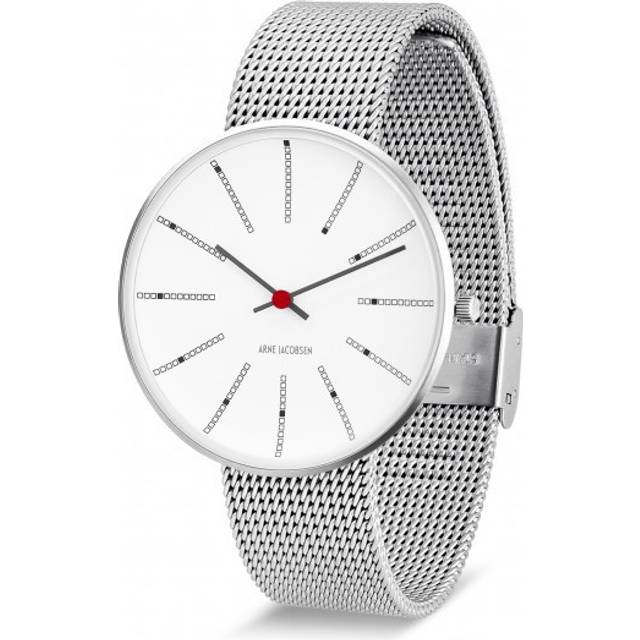 Arne Jacobsen Bankers Watch Ø46 armbåndsur i stål med hvid skive og mesh lænke