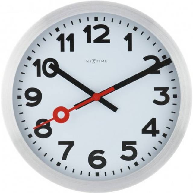 NeXtime 3999AR Station- klassisk stationsklocka, ljudlös, aluminium, silver, glaskåpa, 34,8 cm