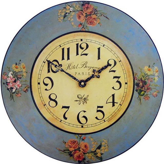 36cm Blue Floral Hotel Wall Clock - Blue;Yellow (36cm W X 36cm H X 3cm D)