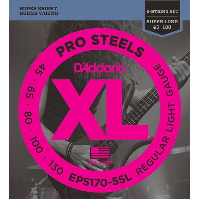 D'Addario Bass Guitar Strings  XL Pro Steels  EPS170-5SL  Super Long Scale  Regular Light Gauge 45-130  5-String Set  Pack of 1