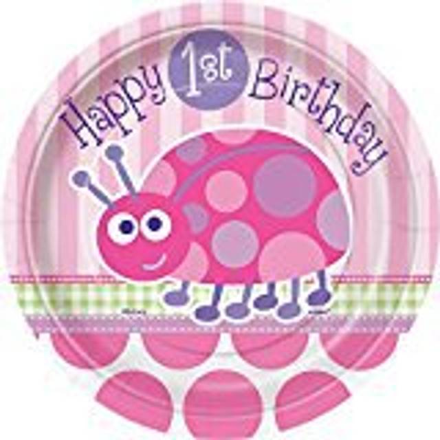 Teller 1. Geburtstag im Käfer-Design, 8er Pack, pinkfarbene Marienkäfer