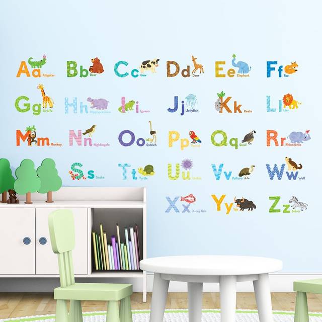 DECOWALL DW-1608S Watercolour Animal Alphabet ABC Kids Wall Stickers Monkey Giraffe Zoo Learning Letter Wall Decals Removable Nursery Bedroom Living R