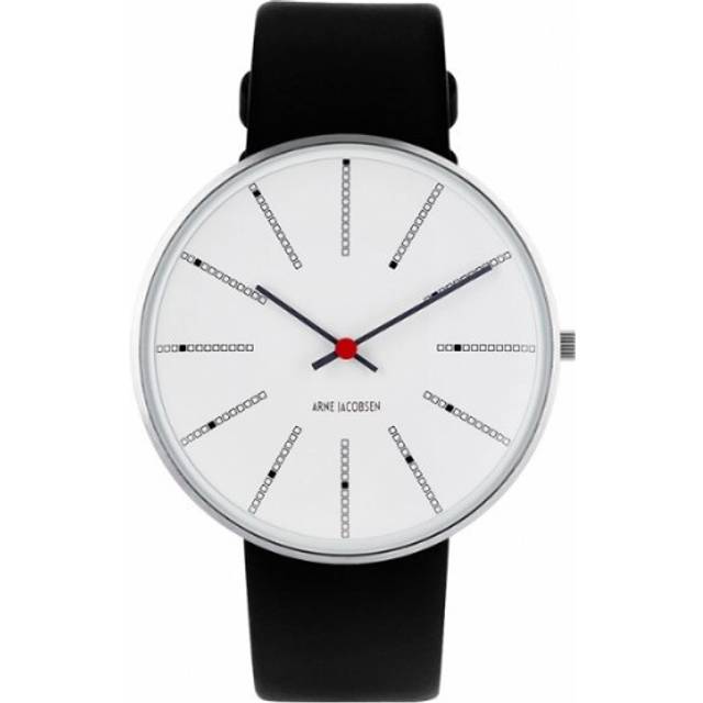 Arne Jacobsen Bankers Watch Ø40 armbåndsur i stål med hvid skive og sort rem