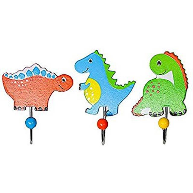 Mousehouse set of 3 dinosaur single wooden coat hooks for boys nursery bedroom
