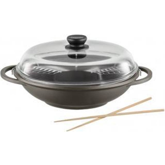 Berndes Wok Bonanza 32 cm, kokpanna med glaslock och stänger, 3-lagers antistick försegling och trähandtag, robust aluckus, belagt med fast