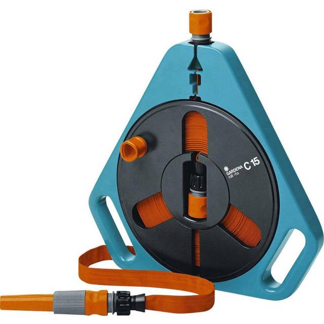 Gardena Classic roll-fix flat hose 15 with cassette: Space-saving hose cassette with water hose (? 12 mm in cassette), automatic safety, including