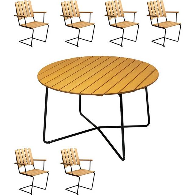 Grythyttan Stålmöbler A2 & 9A matgrupp Oljad furu/galvat 6 fåtöljer & bord 120 cm