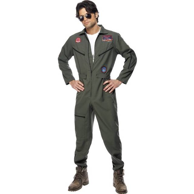 Smiffys Top Gun Costume Jumpsuit Name Tags And Glasses (green) XL -  costume top gun fancy dress mens pilot flight aviator suit uniform jumpsuit