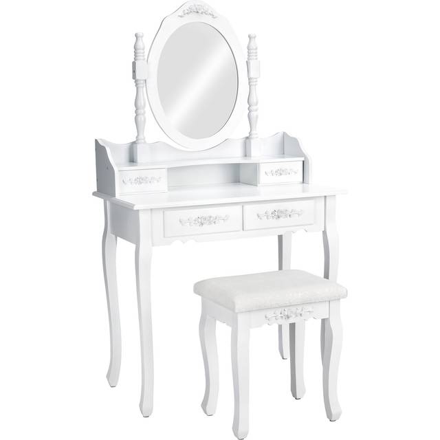 Dressing Table With Mirror And Stool 4 Drawers White Makeup Vanity Desk Dresser Bedroom Storage - white