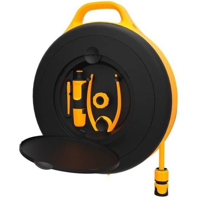 Fiskars Waterwheel S, Komplett bevattnings-set, Sammanlagd räckvidd på 15 m, Trädgårdsslang i universal storlek (Ø 9 mm), universal koppling, Svart/Orange, 1020436