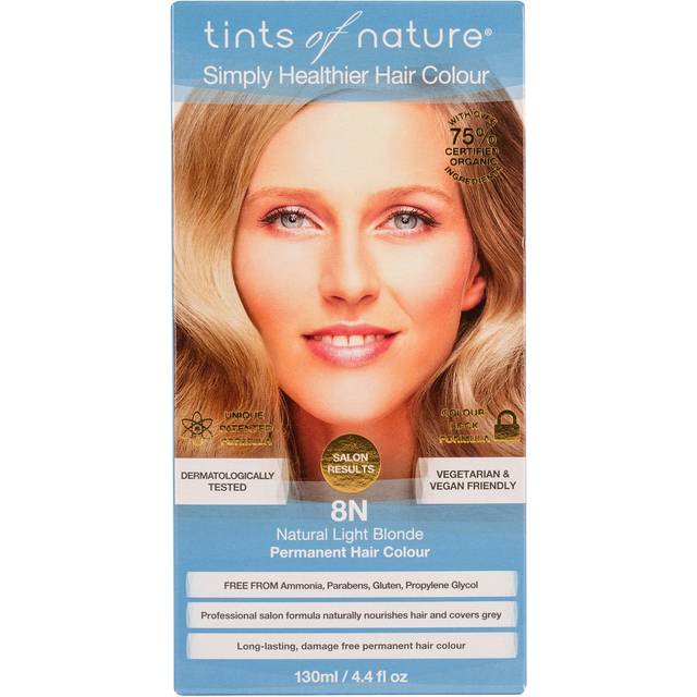 Tints of Nature 8N Natural Light Blonde Permanent Hair Dye, naturlig ljusblond permanent hårfärg, ger näring åt håret och täcker grått, ammoniakfri, 130 ml