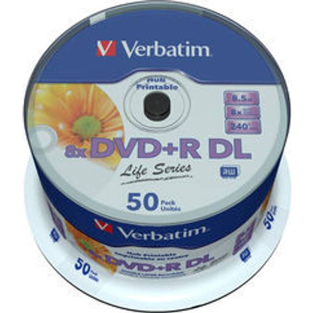 Verbatim DVD dubbelskikt DVD+R DL 8,5 GB/ 240 min. 8x, helt utskrivbar vit utan ID, 50 stycken i tårtlåda
