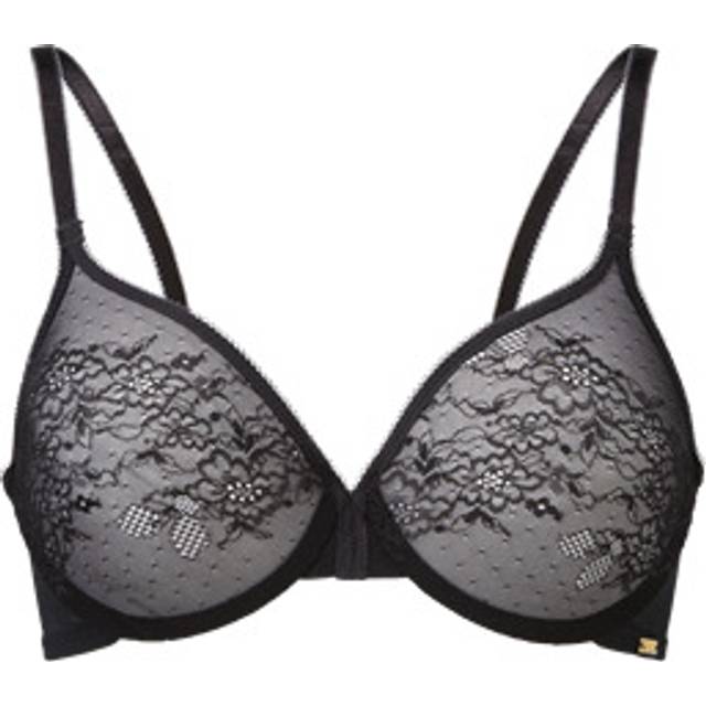Gossard Glossies Lace Moulded Bra Black unpadded no padding large cup size support supportive sexy sheer mesh - 36F, BLACK