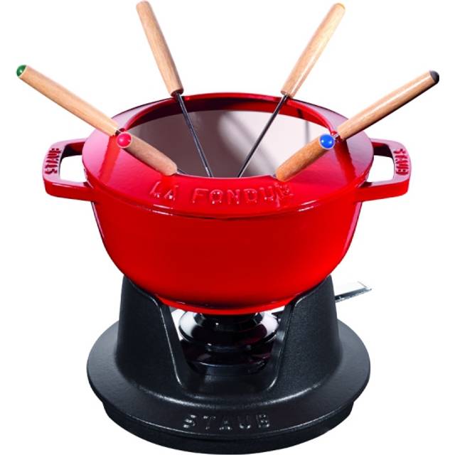 STAUB Fondueset med 6 gafflar, Lämplig för ost-, kött- och chokladfonduer, Gjutjärn, Körsbärsröd, 18 cm