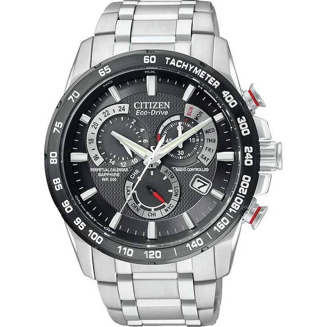 Citizen CB5898-59E Men's Eco-Drive Perpetual Calendar Chronograph Bracelet Strap Watch, Silver/Black