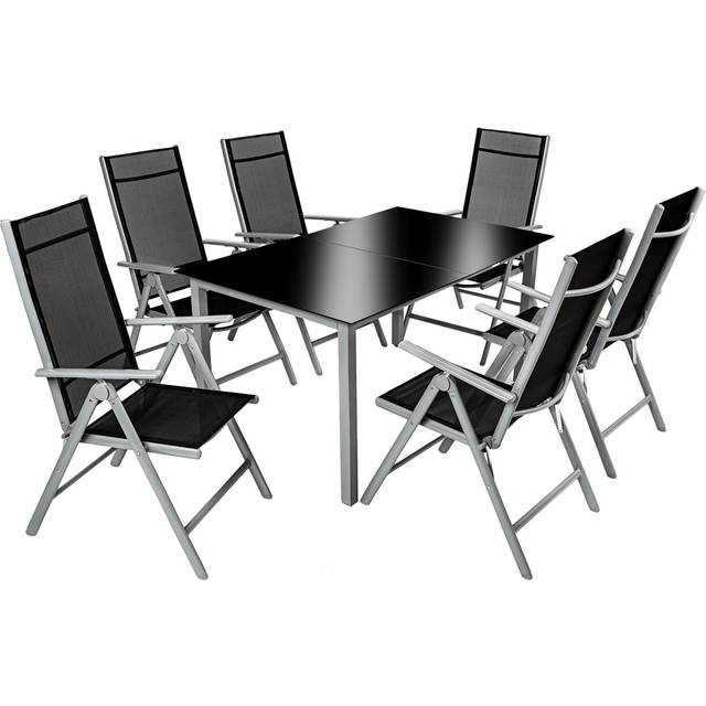 Garden Table and Chairs - aluminium frame, for 6 people, adjustable backrests, safety glass table - silver