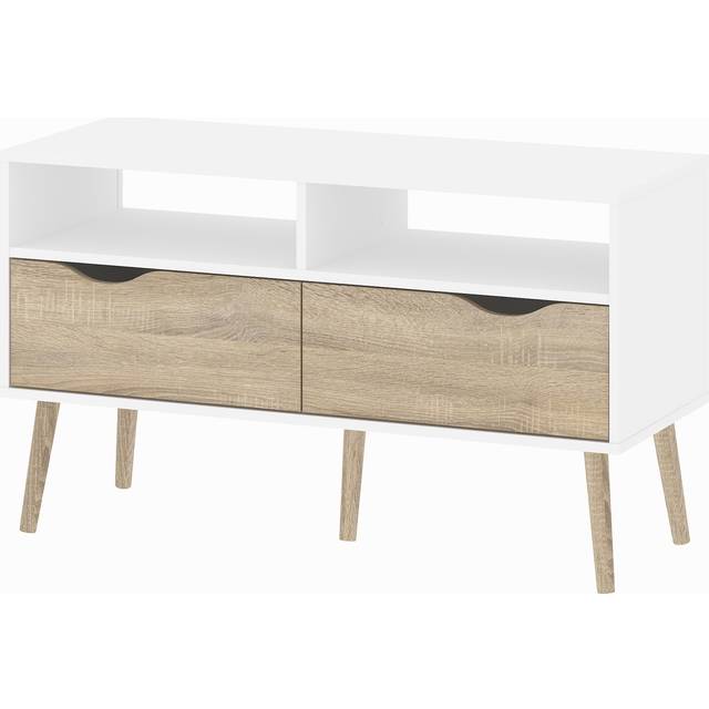 Fwstyle - Oslo 2 Drawer Retro-Modern tv Cabinet - Matt White/ Light Oak