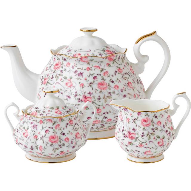 Royal Albert White, Red and Blue Rose Confetti Three-piece Tea Set