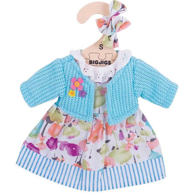 Bigjigs Toys Turquoise Rag Doll Cardigan and Flowery Dress for 28cm Soft Doll with Additional Matching Hair Accessories