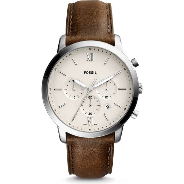 Fossil Men's White Chronograph Dial Brown Leather Strap Watch