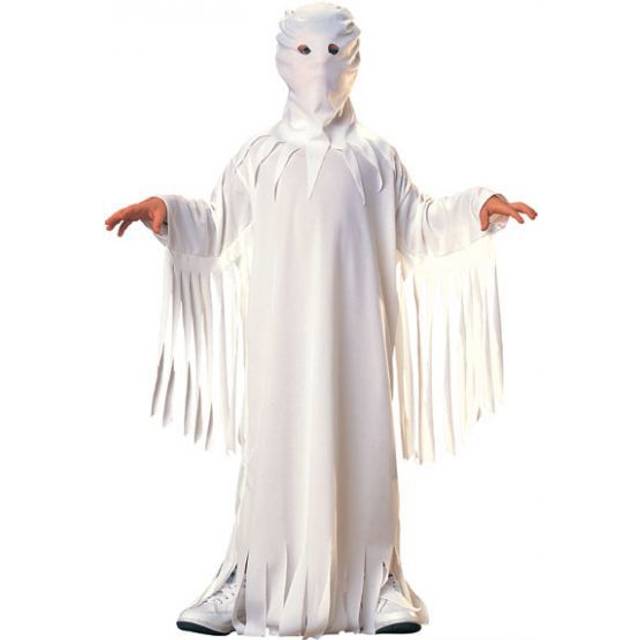 White ghost robe + hood kids halloween ghoul fancy dress childs costume 3-10 yrs