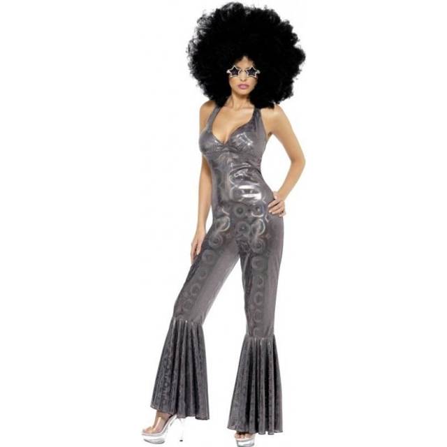 Medium Silver Ladies Disco Diva Costume -  disco costume fancy dress diva 70s ladies adult womens outfit jumpsuit catsuit 1970s