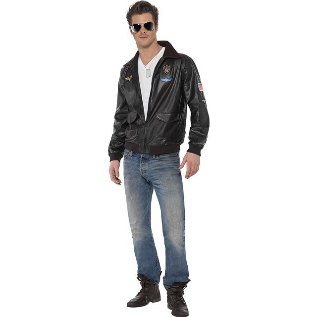 Smiffys Top Gun Bomberjacka, Vuxna Brun Läder Look Maverick Jacka, Officiell Top Gun Licenskostym med Flygmärken, Fickdetalj och Fuskläder Officiell Topppistol Halloween Maskerad Klänning