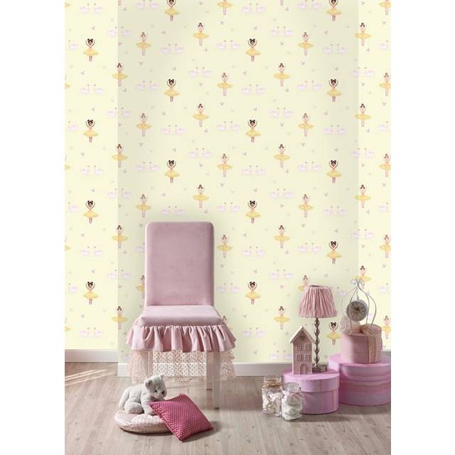 Holden Decor Holden Ballerina Dancer Pattern Childrens Yellow Wallpaper Butterfly Hearts Glitter