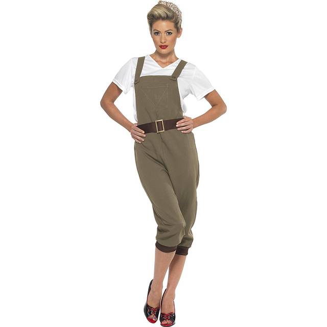 Smiffy's Women's WW2 Land Girl Costume, Top, Dungarees And Headscarf, Size: -  land girl costume ww2 fancy dress ladies 1940s army world war outfit