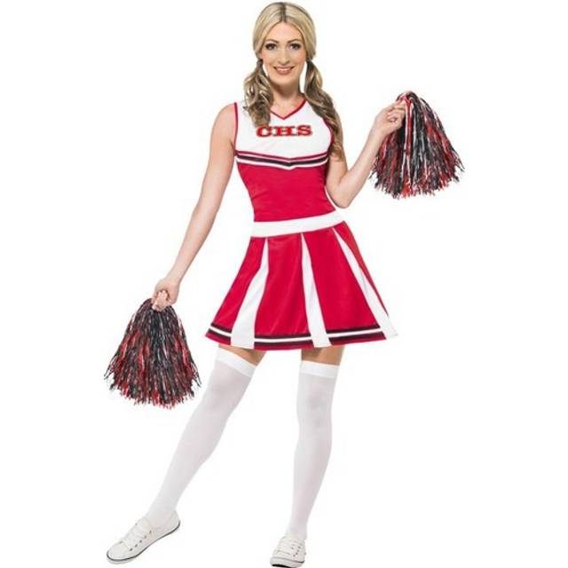 Medium Red Cheerleader Fancy Dress Costume With Pom Poms. -  cheerleader costume dress fancy ladies womens high school outfit pom poms adult smiffys