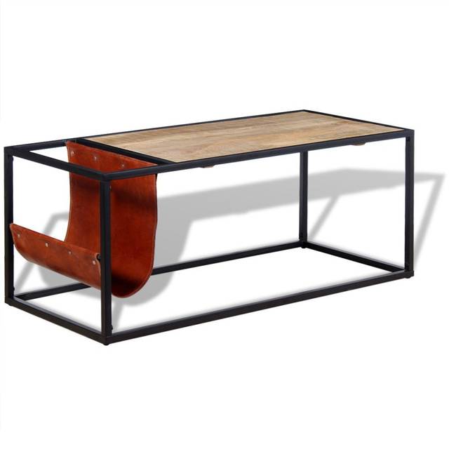 vidaXL Coffee Table with Genuine Leather Magazine Holder 110x50x45 cm - Multicolour