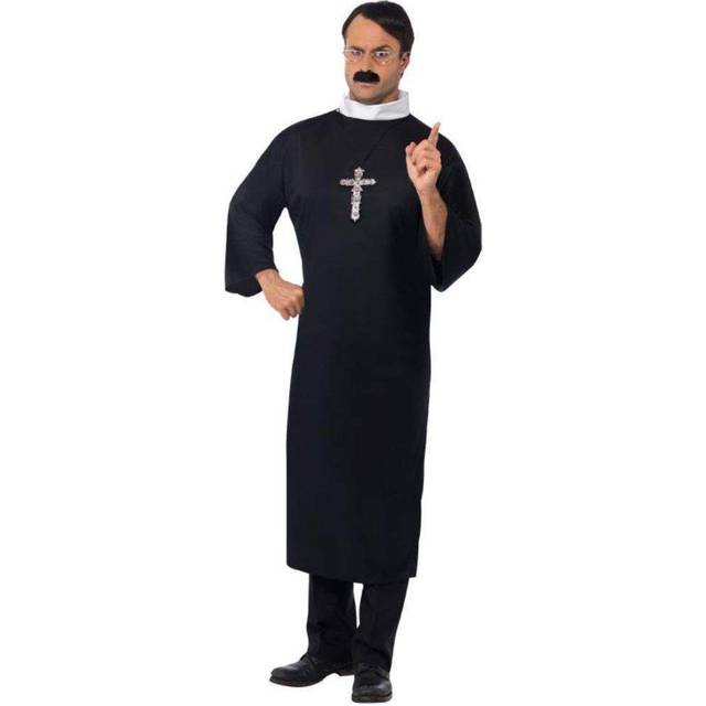 Large Black Men's Priest Costume -  priest costume fancy dress mens vicar robe religious party adult adults minister stag collar