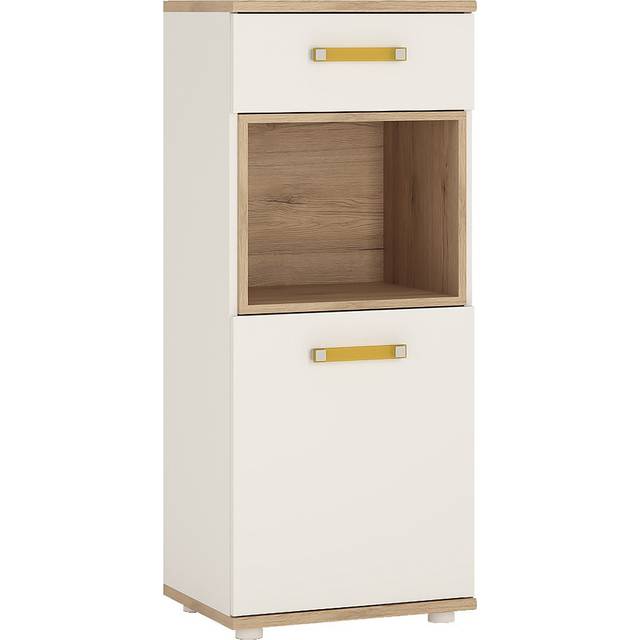 4kids 1 Door 1 Drawer Narrow Cabinet In Light Oak And White High Gloss (orange Handles)