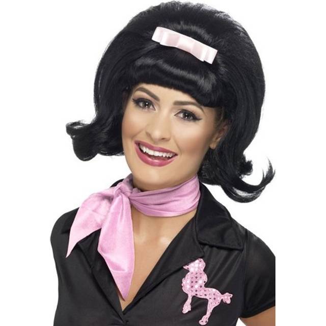 Smiffy's 50's Flicked Beehive Bob With Ribbon Bow - Black - Wig 50s Fancy Dress -  beehive wig bob flicked black 50s fancy dress ladies 1950s smiffys