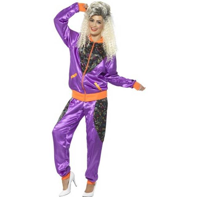 Ladies 1980's retro fancy dress purple shell suit 'scouser' costume