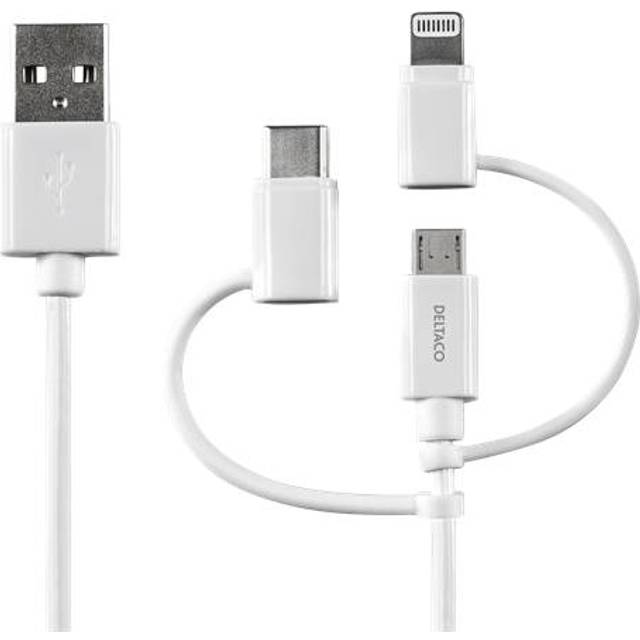 Deltaco USB-A till Micro-usb/USB-C/Lightning vit 50cm