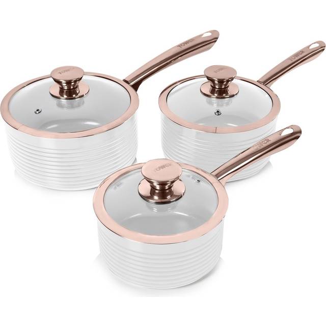 Tower Linear Rose Gold 3 Piece Saucepans White