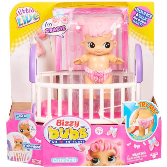 Little Live Bizzy Bubs Gracie Pink Hair Baby and Crib