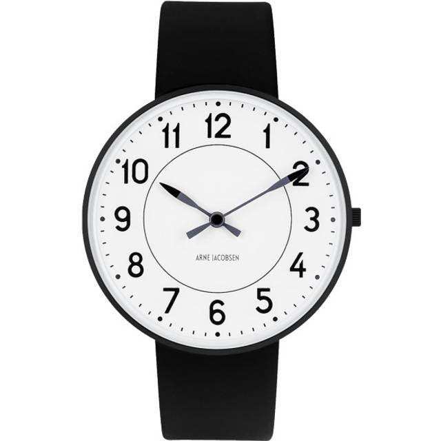 Arne Jacobsen Station Watch herreur i sort stål med rem Ø40