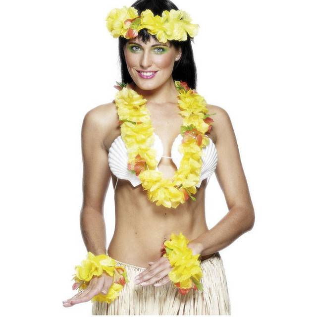Smiffy's Hawaiian Set With Garland Headband And Wristband - Yellow - Fancy -  hawaiian set yellow fancy dress accessory lei garland costume flower