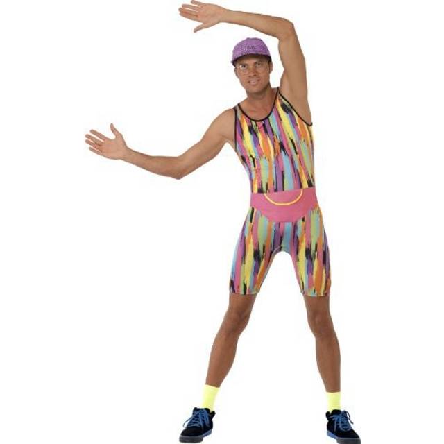 Smiffy's Adult Men's Aerobics Instructor Costume, Bodysuit, Hat And Bum Bag, -  costume mens mr fancy dress aerobics motivator outfit energizer