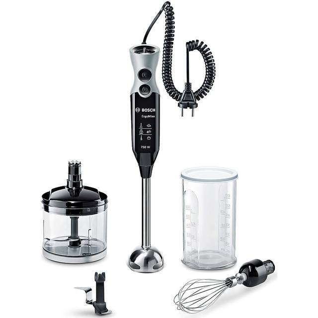 Bosch ErgoMixx - Stavmixer med en motor på 750W, Inställbar hastighet med turboknapp, Spiralsladd, Mångsidiga tillbehör inkl. hackare och visp, Diskmaskinsäkra delar, svart