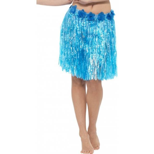 Hawaiian Hula Skirt with Flowers, Neon Blue