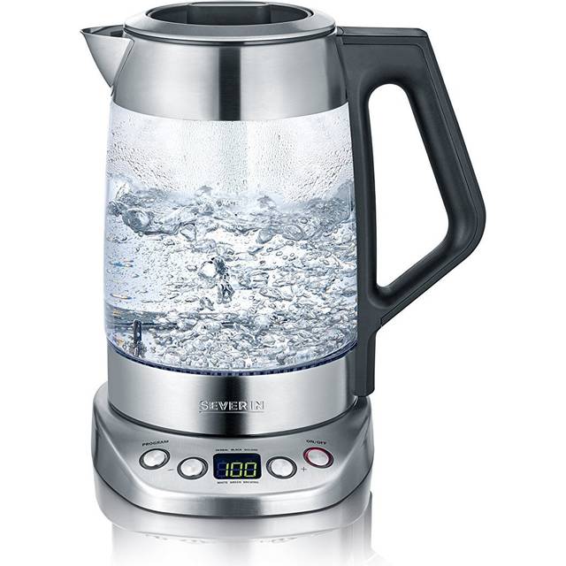 SEVERIN Glass Tea and Water Kettle, tekittel med justerbar temperatur och bryggtid, glaskittel med förinställda teprogram, 3000 W, rostfritt stål, WK 3479