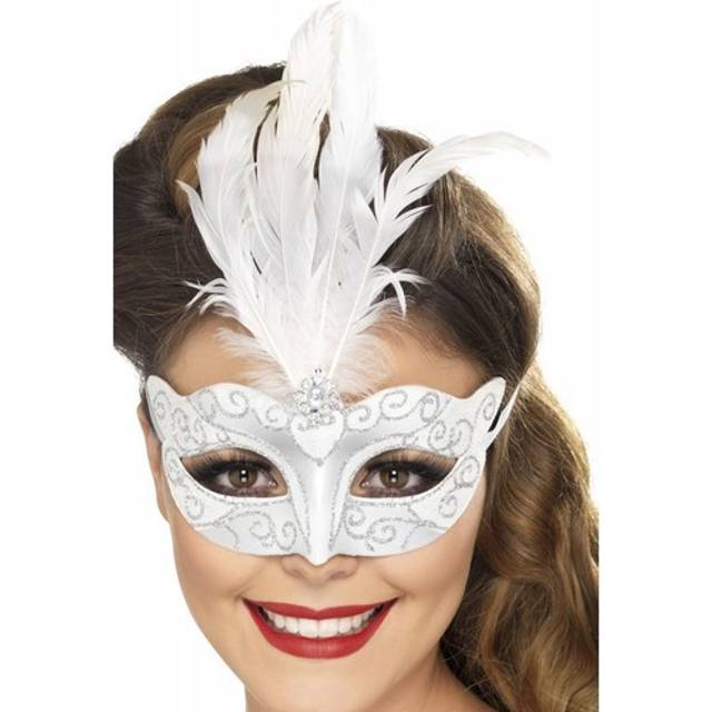Silver Venetian Glitter Eye Mask With Feathers -  glitter venetian eyemask fancy dress ball accessory silver adult smiffys costume masquerade